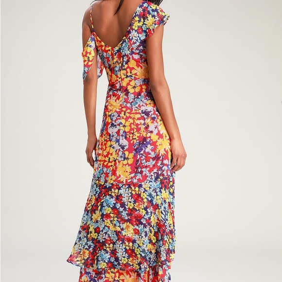 Radiant Ruby Red Floral Print Chiffon Maxi Dress - Picture 2 of 10